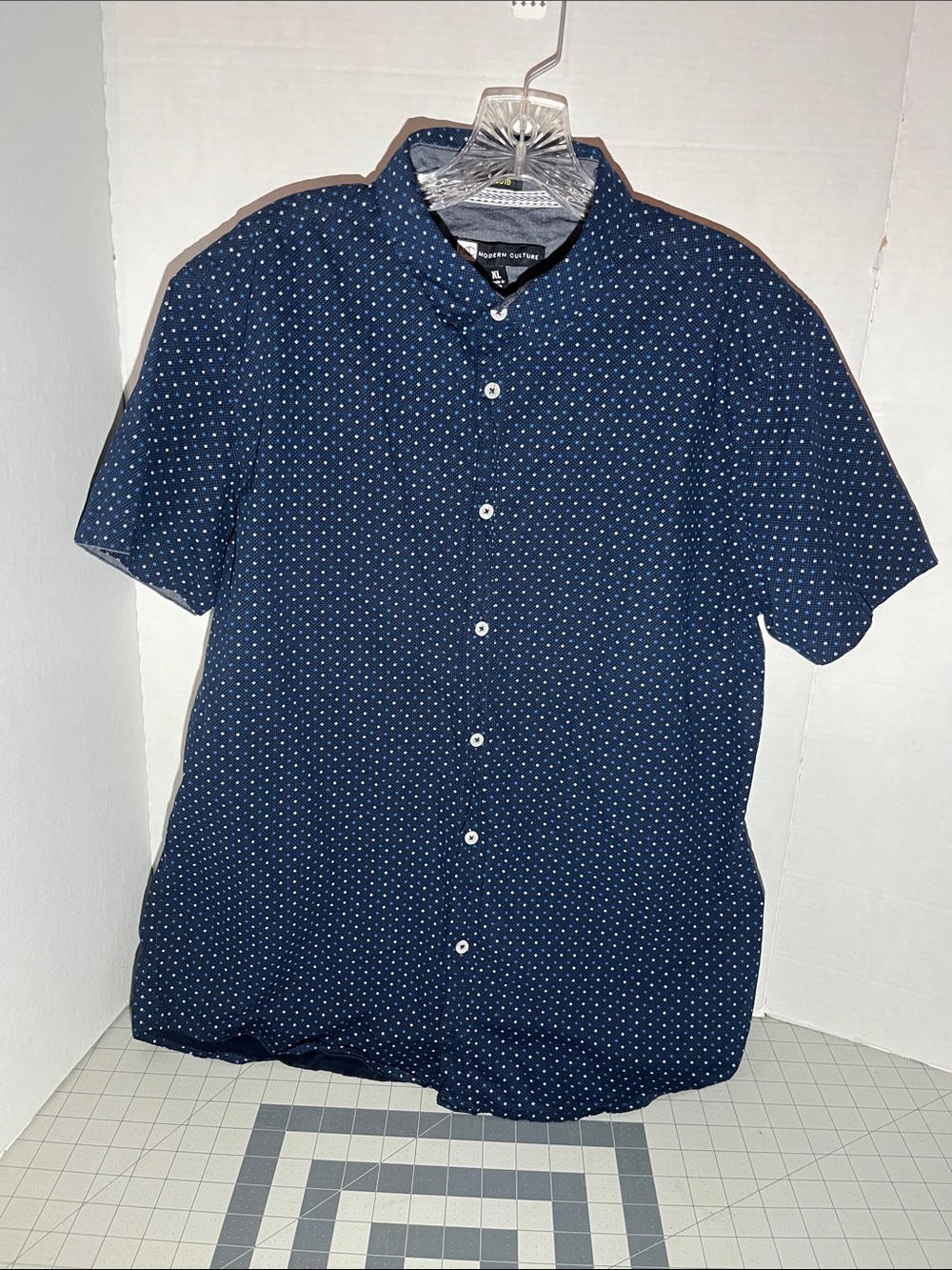 Men's Navy Short-Sleeve Button-Down Shirt with Micro Dot Print